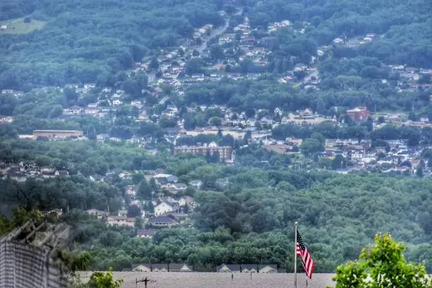Skyview mountain townscape, US flag, Pennsylvania