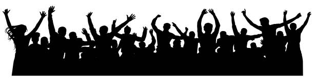 menge fröhliche menschen silhouette. freudige mob. glückliche gruppe von jungen leuten in musikalische party, konzert, disco tanzen. sport-fans, applaus, jubel. vektor auf weißem hintergrund. feiern, tanzen - cheering group of people silhouette fan stock-grafiken, -clipart, -cartoons und -symbole
