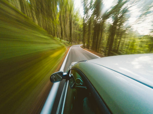 istock Road trip in the middle of the forest. Motion blur 983342714