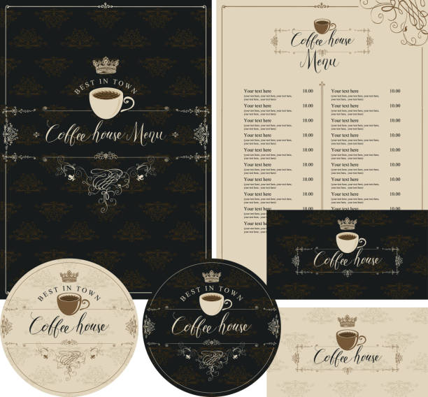 набор элементов дизайна для кофейни с короной - crown frame gold swirl stock illustrations