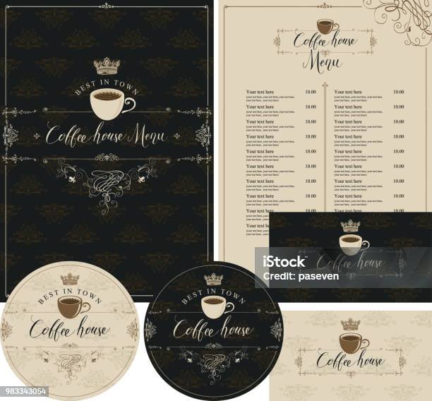 Set Of Design Elements For Coffee House With Crown Stock Illustration - Download Image Now - Menu, Cafe, Coffee - Drink