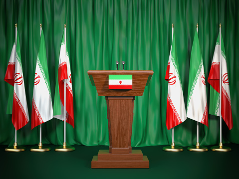 Podium speaker tribune with Iran flags. Briefing of president of Iran. Politics concept. 3d illustration