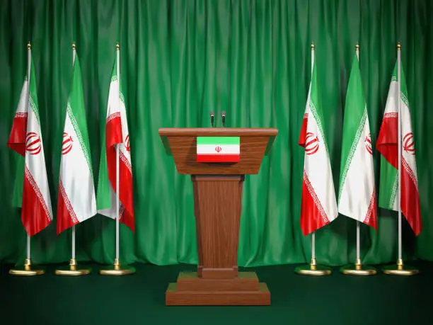 Podium speaker tribune with Iran flags. Briefing of president of Iran. Politics concept. 3d illustration
