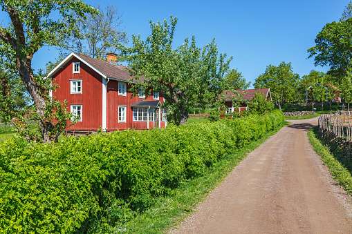 Red cottage by a gravel road in the Swedish countryside