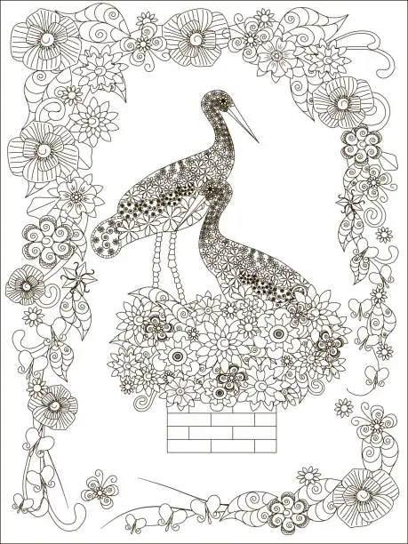 Vector illustration of Hand drawn a couple of stroke in nest on the chimnes, floral frame black and white anti stress