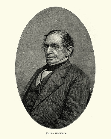 Vintage engraving of Johns Hopkins (May 19, 1795 to December 24, 1873) was an American entrepreneur, abolitionist and philanthropist of 19th-century Baltimore, Maryland.