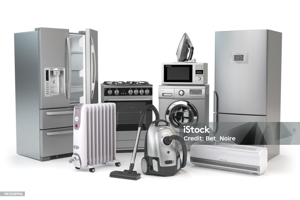 家電。白い背景に分離された家庭用のキッチン テクニクスのセットです。冷蔵庫、ガスコンロ、電子レンジ、洗濯機掃除機エアコン conditioneer、鉄。 - 家電製品のロイヤリティフリーストックフォト