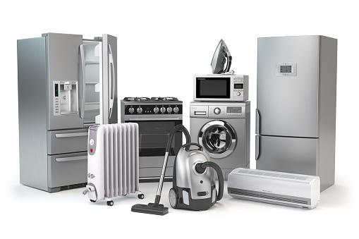 Home appliances. Set of household kitchen technics isolated on white background. Fridge, gas cooker, microwave oven, washing machine vacuum cleaner air conditioneer and iron. 3d illustration