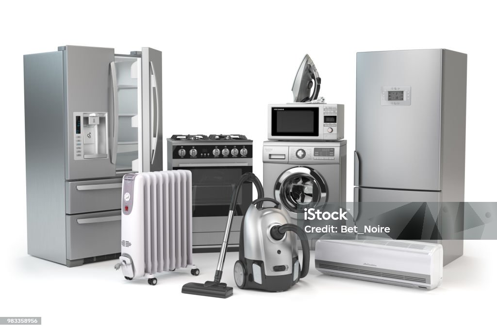 Home appliances. Set of household kitchen technics isolated on white background. Fridge, gas cooker, microwave oven, washing machine vacuum cleaner air conditioneer and iron. Home appliances. Set of household kitchen technics isolated on white background. Fridge, gas cooker, microwave oven, washing machine vacuum cleaner air conditioneer and iron. 3d illustration Appliance Stock Photo