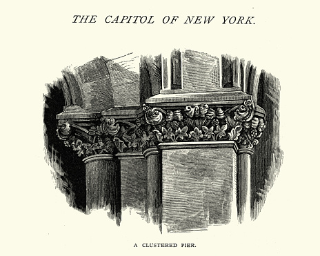 Vintage engraving of Architecture, Clustered pier Coloumns, Capital building of New York, 19th Century