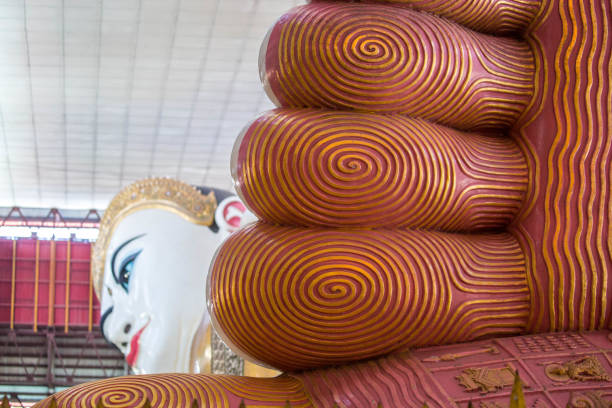 The reclining Buddha of Chaukhtatgyi Buddha Temple, measuring 66 metres (217 ft) long, making it one of the largest in Myanmar.
