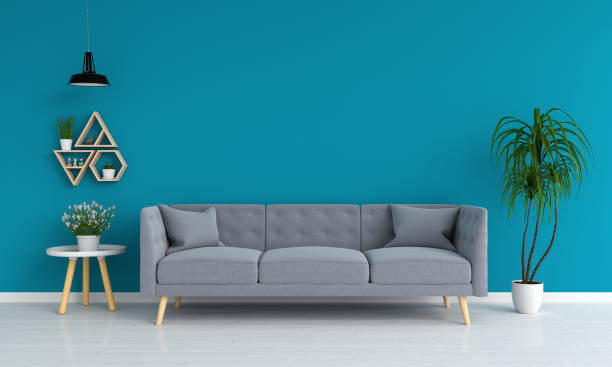 istock gray sofa in blue living room, 3D rendering 983364238