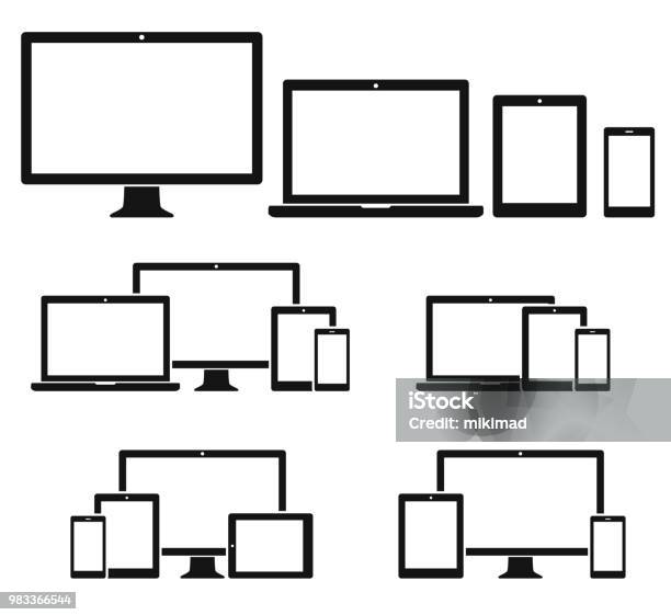 Teknik Enheter Ikonuppsättning-vektorgrafik och fler bilder på Ikon - Ikon, Surfplatta, Laptop