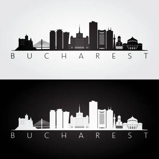 Vector illustration of Bucharest skyline and landmarks silhouette, black and white design, vector illustration.