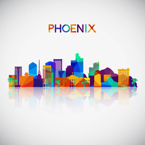 phoenix skyline silhouette im bunten geometrischen stil. symbol für ihr design. vektor-illustration. - phoenix stock-grafiken, -clipart, -cartoons und -symbole