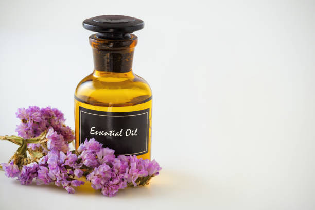 istock Essential oil with flower on white background 983389386