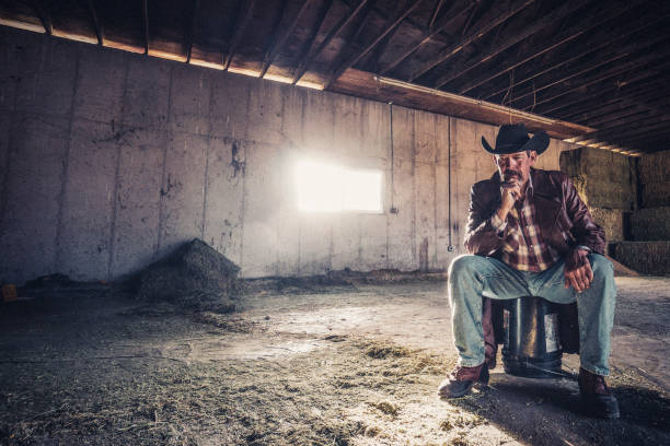 istock Inside a barn, a serious looking cowboy sitting all by himself on a bucket. 983405878