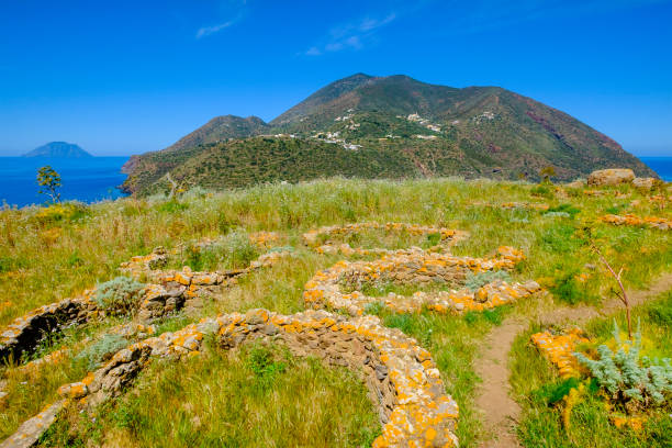 Prehistoric Village of Capo Graziano sulla Montagnola in Filicudi, one of the islands of the Aeolian archipelago (Sicily, Italy) Prehistoric Village of Capo Graziano sulla Montagnola in Filicudi, one of the islands of the Aeolian archipelago (Sicily, Italy) filicudi stock pictures, royalty-free photos & images
