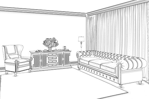 3d illustration. Sketch of a cozy\nbeige livingroom