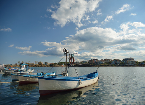 Boats in Ahtopol bay. Black sea, Burgas province, Balkans, Europe.