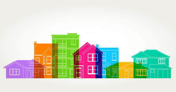 Houses Colourful overlapping silhouettes different house types bungalow stock illustrations