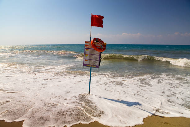 Red flag on the beach, meaning that swimming is dangerous. Turkey.