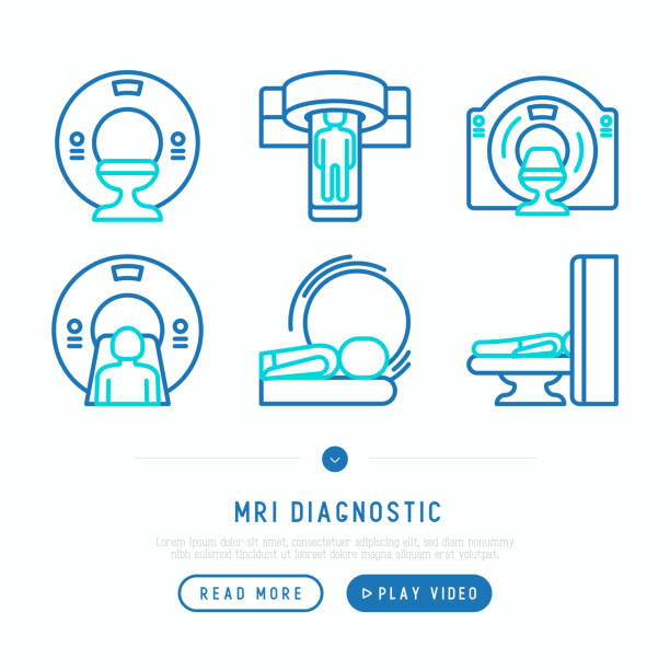 mri diagnostik dünne linie symbole festgelegt. moderne vektor-illustration von laborgeräten für webseitenvorlage. - mri scanner stock-grafiken, -clipart, -cartoons und -symbole