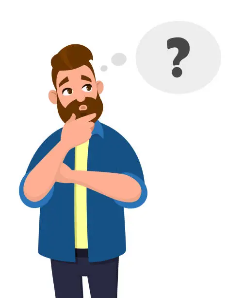 Vector illustration of Man thinking, oh, question, doubt expression, Cartoon style illustration, Character illustrations, New idea, Thinking concept.