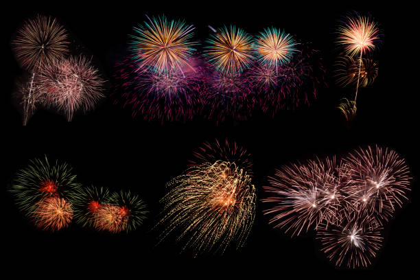 istock Set of colorful fireworks on black background. 983449504