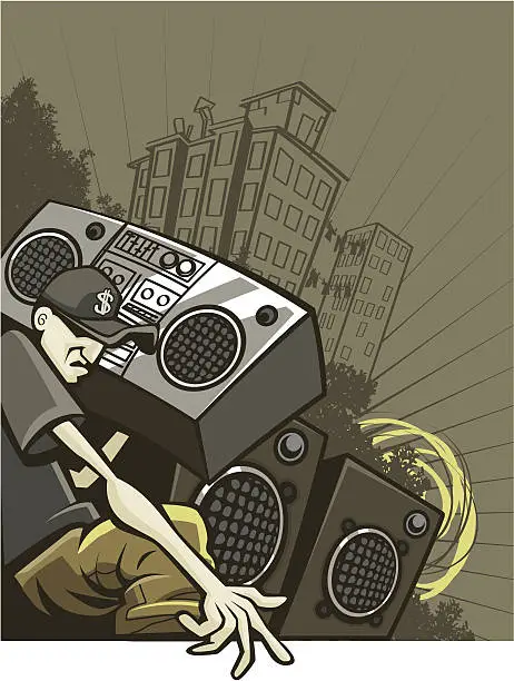 Vector illustration of Urban Guy Listening to Old-School Boom Box
