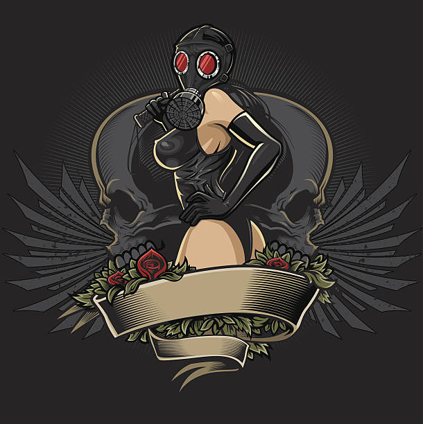 ilustraciones, imágenes clip art, dibujos animados e iconos de stock de dominatrix en máscara de gas tatuaje diseño - sex symbol illustrations