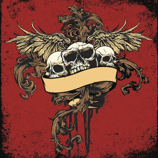 Vector illustration of Three Skulls, Wings and Banner Ornamental Tattoo Design