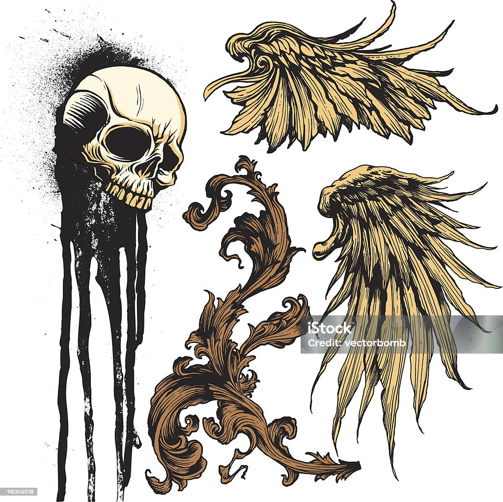 Isolated Vector Tattoo Elements: Vintage Scroll, Wings, Skull, Paint Splatter  Animal Wing stock vector