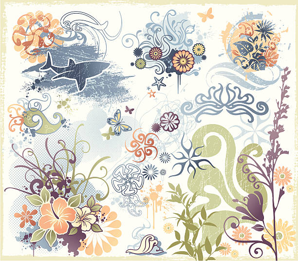 ilustrações, clipart, desenhos animados e ícones de funky elementos de design de tubarões, flores e tema de praia - white background water studio shot textured