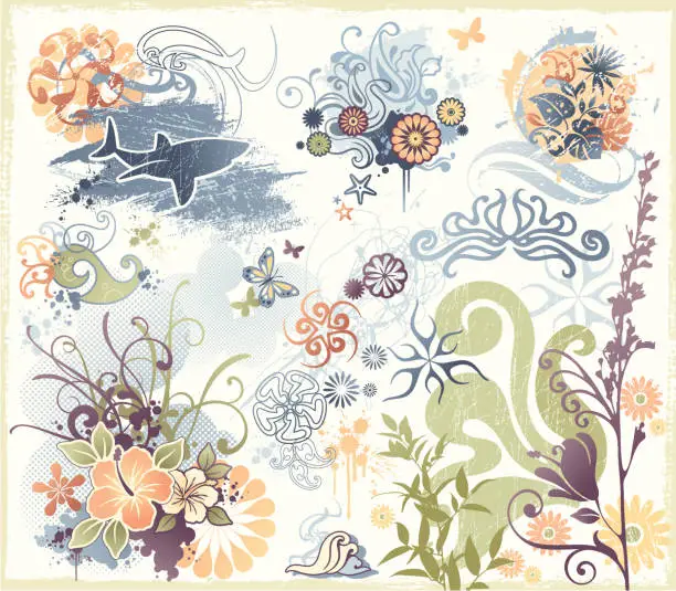 Vector illustration of Funky Design Elements of Sharks, Flowers and Beach Themes