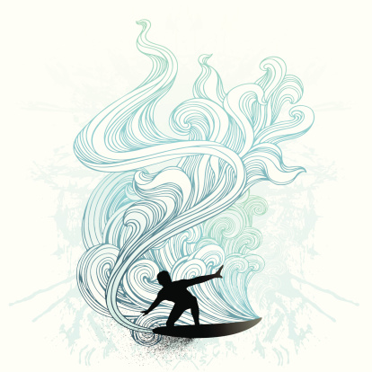 Retro style surfer with stylized waves and textured background.Hi res jpeg included. Gradient used,global colors,layered.Please take a look at other works of mine linked below.