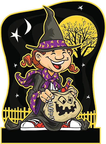 Vector illustration of Halloween witch carrying candy bag