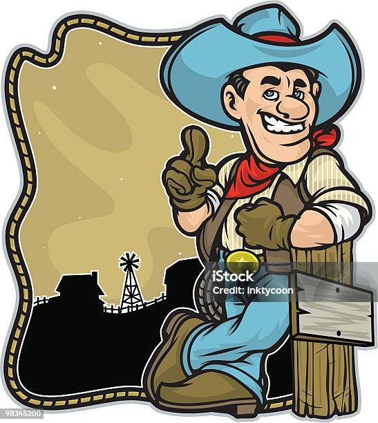 Cowboy Leaning On A Post With Barn Background Stock Illustration - Download Image Now - Cowboy, Vector, Number One Finger Sign