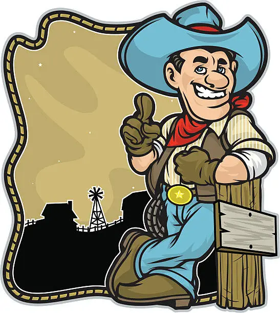 Vector illustration of Cowboy Leaning on a post with barn Background.