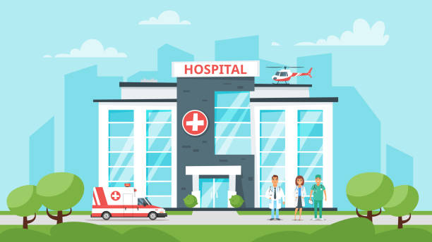 medical hospital building Vector cartoon style illustration of medical hospital building, medical stuff and ambulance car. Urban background. helicopter modern stock illustrations