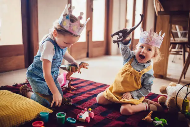 Photo of Happy little girls having fun playing with toys