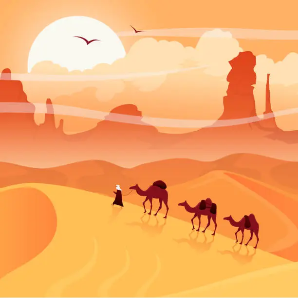 Vector illustration of Desert landscape with camel caravan. Sahara illustration