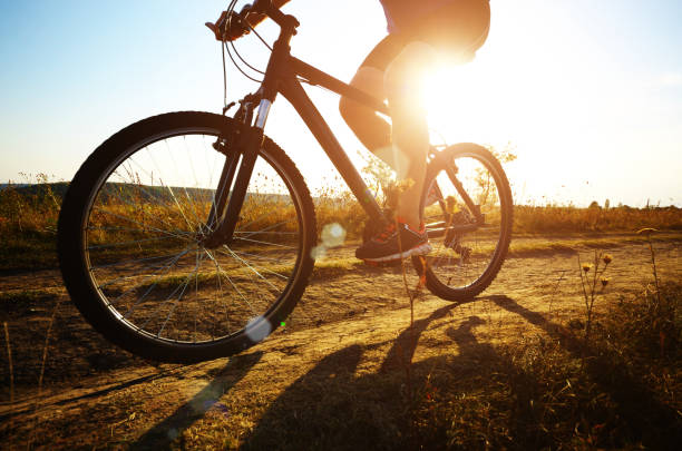 istock Male cyclist driving by rural dirt road outdoors. Low angle view 983489728