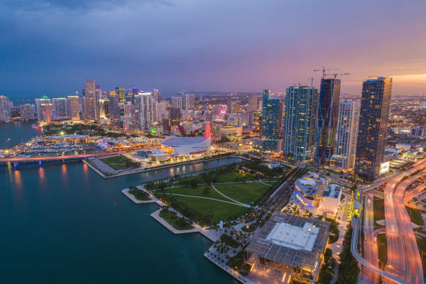 istock Aerial drone image Downtown Miami at sunset twilight 983502072