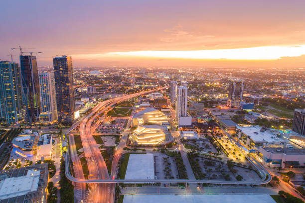 istock Aerial drone image Downtown Miami at sunset twilight 983502098