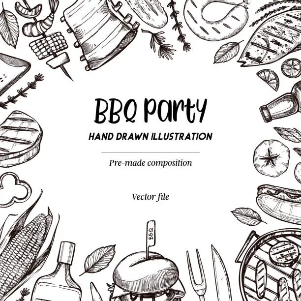 Vector illustration of Hand drawn vector illustrations. BBQ collection. Barbeque design elements in sketch style. Fast food.  Perfect for menu, prints, packing, leaflets, advertising