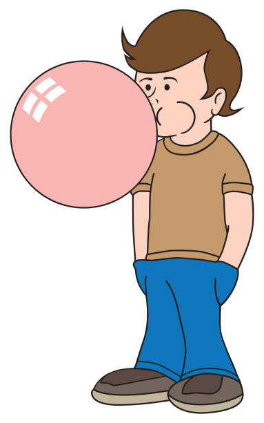 Kid Blowing Bubble A young boy with his hands in his pockets is blowing a huge gum bubble suspenseful stock illustrations