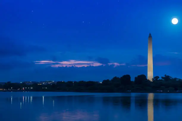 A full moon and stars over the Washington DC and the Washington monument with the reflection in the tidal basin in front of the Jefferson Memorial.