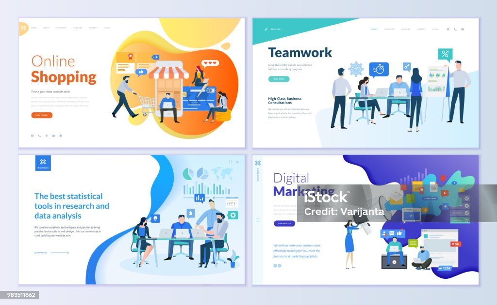 Set of web page design templates for online shopping, digital marketing, teamwork, business strategy and analytics Modern vector illustration concepts for website and mobile website development. Marketing stock vector