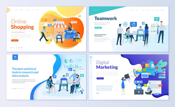 Set of web page design templates for online shopping, digital marketing, teamwork, business strategy and analytics Modern vector illustration concepts for website and mobile website development. e commerce illustrations stock illustrations